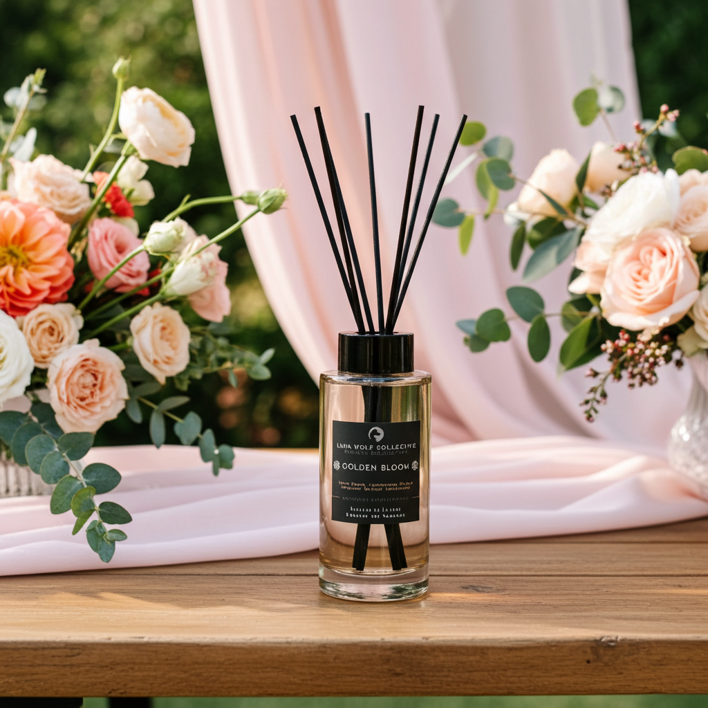 Diffuser bottle with reeds on a table with flowers and pink fabric in the background