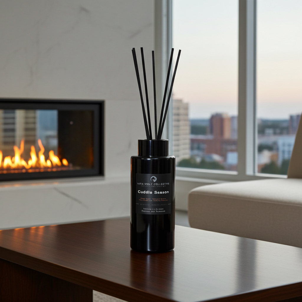 Black diffuser bottle with sticks on a table in a living room with a fireplace and window view.
