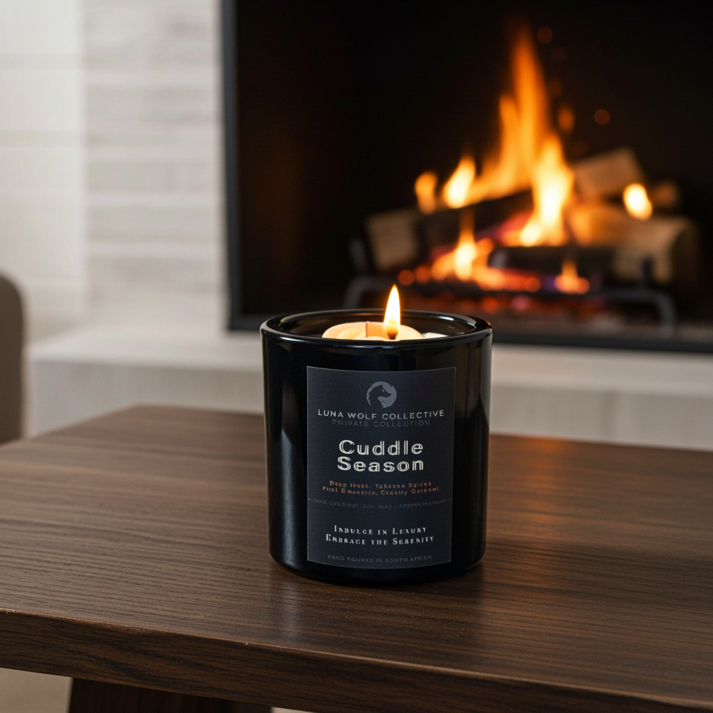 Candle labeled 'Cuddle Season' on a table with a fireplace in the background