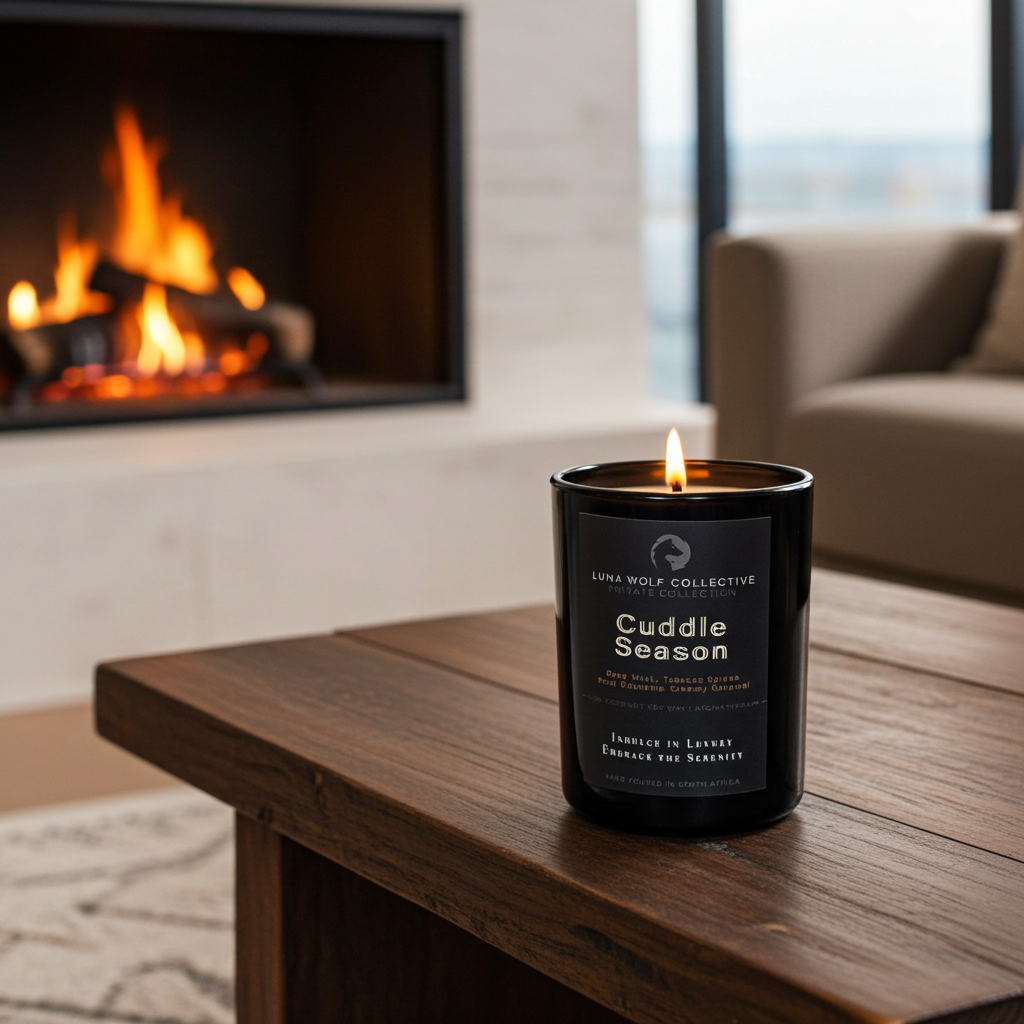 Candle labeled 'Cuddle Season' on a wooden table with a fireplace in the background