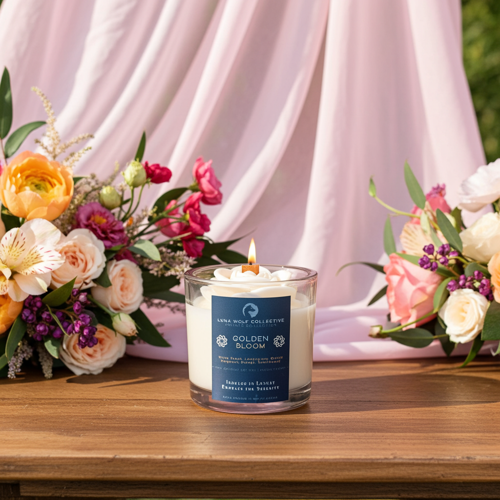 Candle with a floral design label in front of pink fabric and floral arrangements