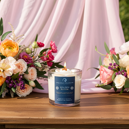 Candle with a floral design label in front of pink fabric and floral arrangements