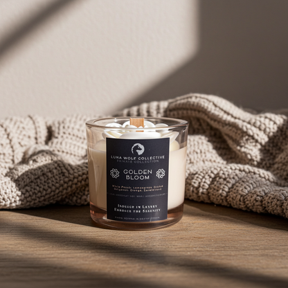 Candle with a label on a wooden surface with a textured fabric background