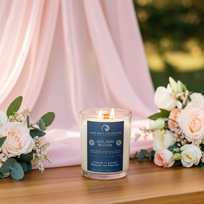 Candle labeled 'Golden Bloom' with floral decorations on a wooden surface