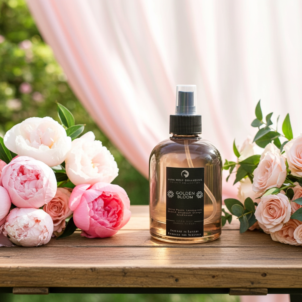 Bottle of 'Golden Bloom' perfume with pink roses on a wooden surface