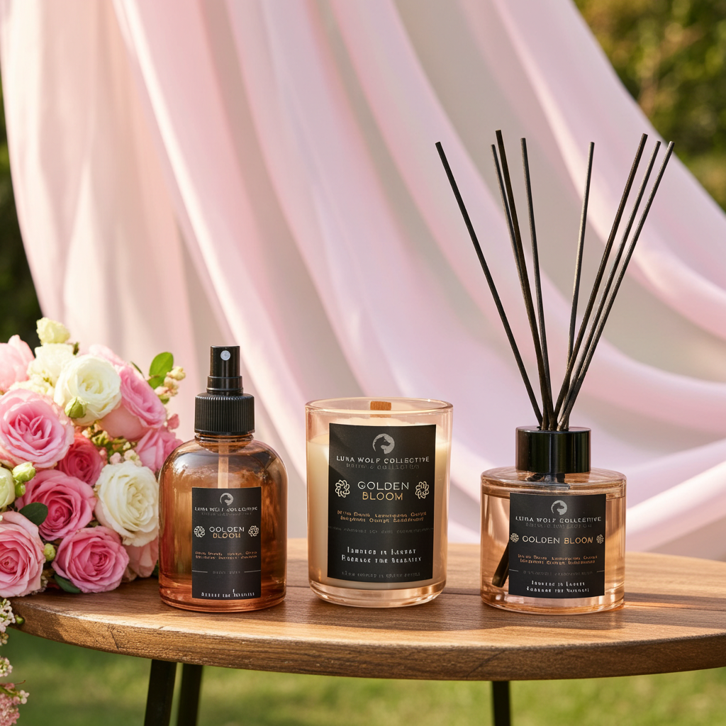 Decorative items including a bottle, candle, and diffuser on a table with pink fabric and flowers in the background.
