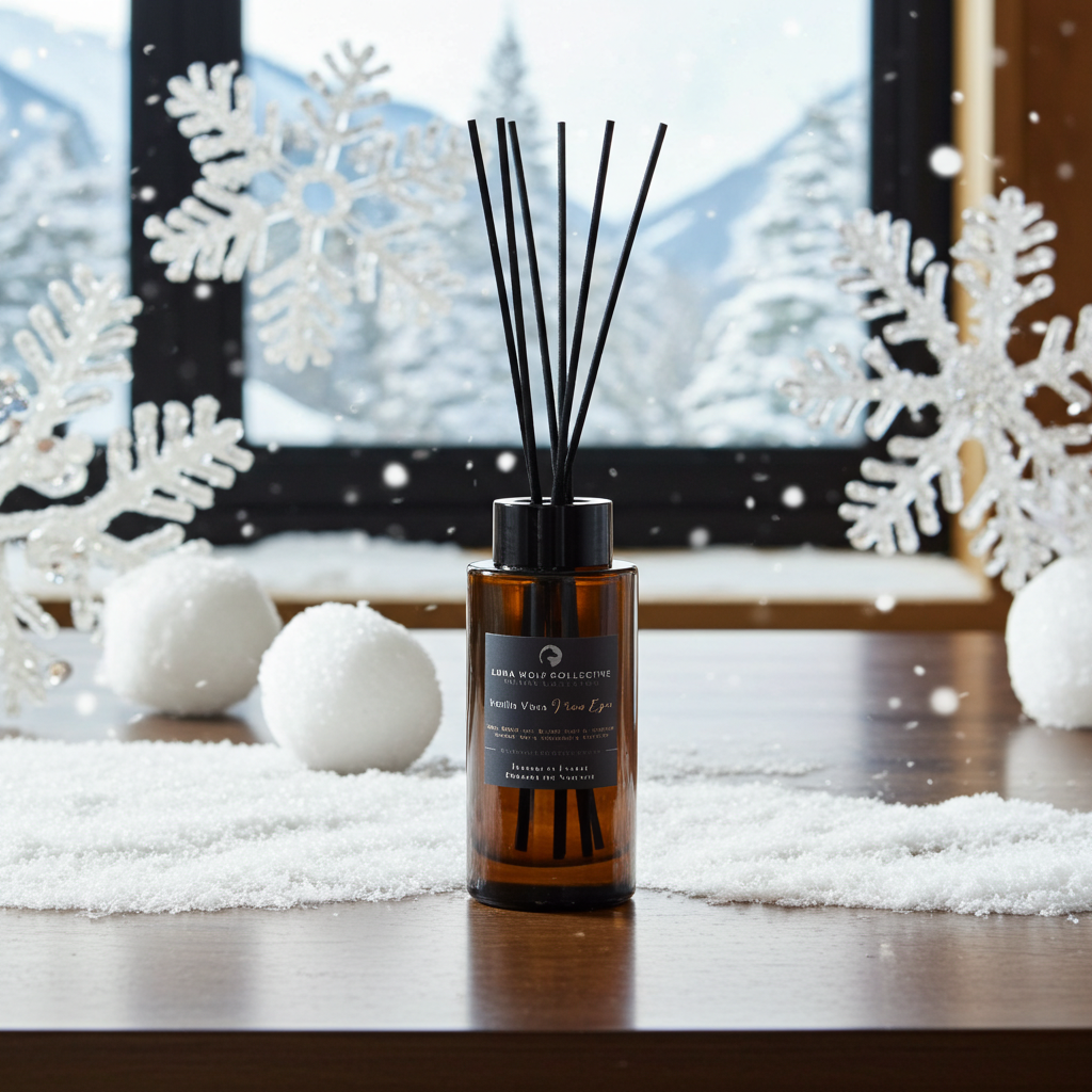 A bottle of diffuser with black sticks on a wooden surface with decorative snowflakes and balls in the background.