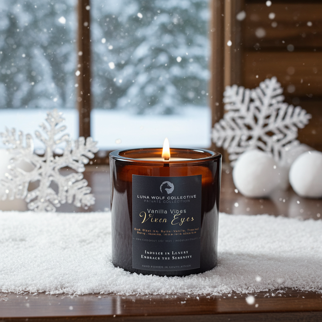 Candle with a label in front of a snowy window