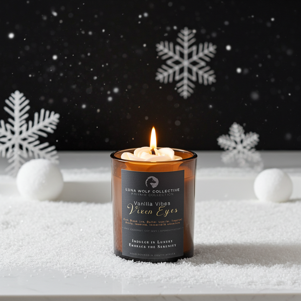 Candle in an amber jar with a label, surrounded by snowflakes and white balls on a dark background