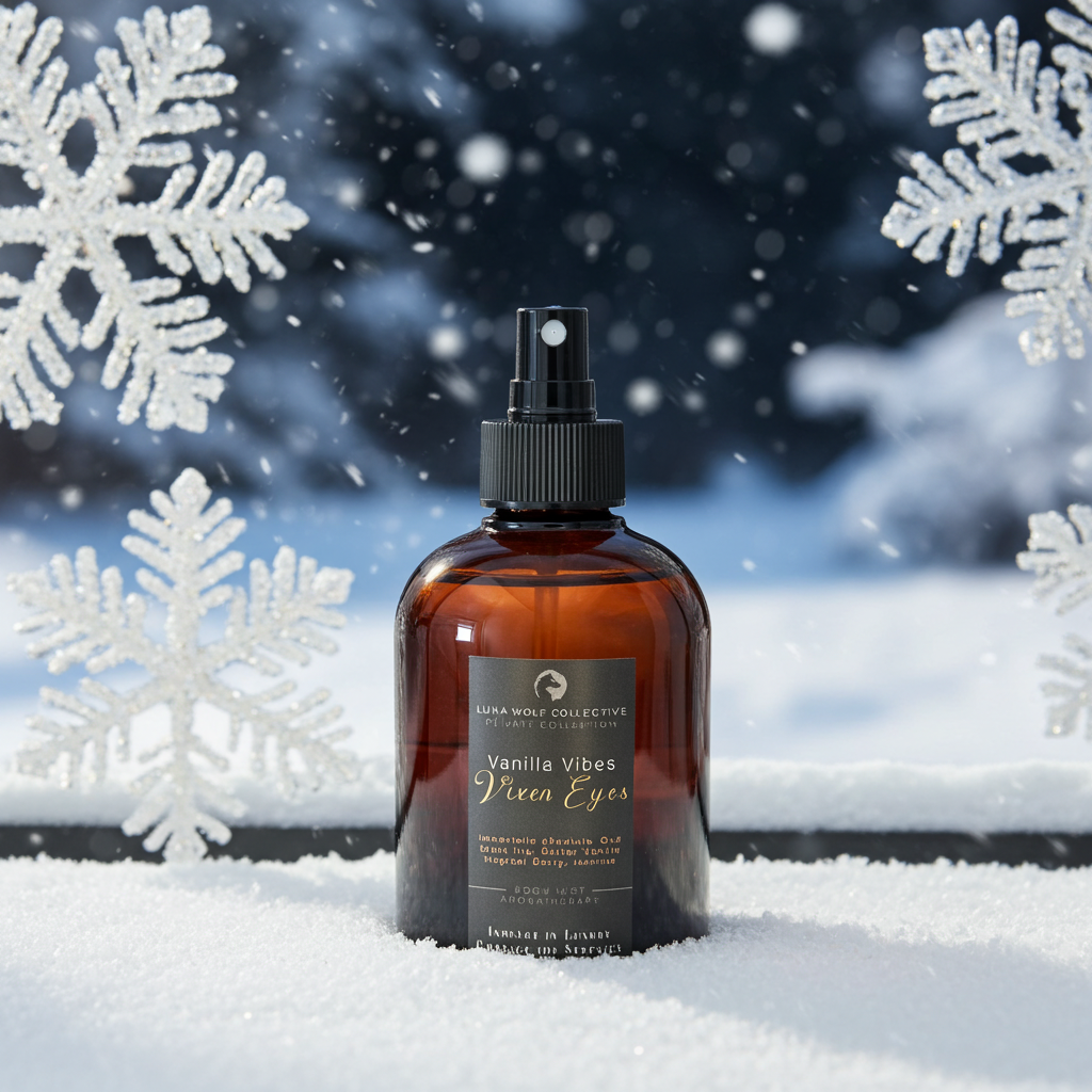 Brown bottle with a label on a snowy background with snowflakes